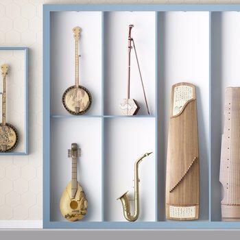 中式古筝琵琶二胡民族乐器组合3D模型
