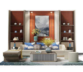 新中式布艺沙发茶几装饰柜组合3D模型