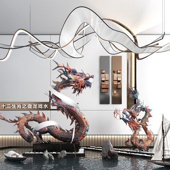 新中式雕塑水景大型吊灯3D模型