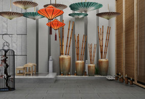 中式油纸伞竹子屏风鸟笼组合3D模型