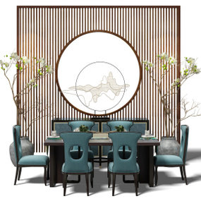 新中式餐桌椅背景墙组合3D模型