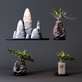 中式假山盆栽摆件组合3D模型