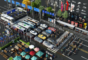 现代汽车人物道路设施路灯公交站广告牌3D模型