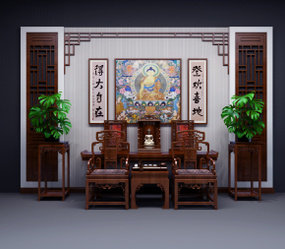 中式佛龛端景台背景墙单椅花架组合3D模型