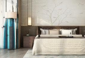 中式实木双人床床头柜吊灯组合3D模型