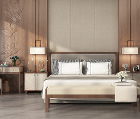 中式布艺双人床床头柜吊灯组合3D模型