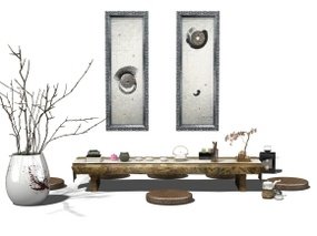 中式茶桌茶台装饰画组合3D模型
