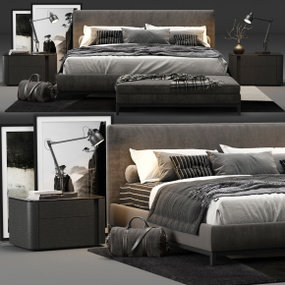 现代双人床床头柜床尾凳组合3D模型