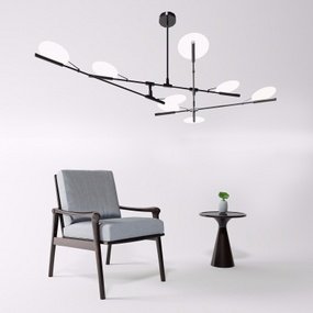 现代布艺单椅圆几吊灯组合3D模型