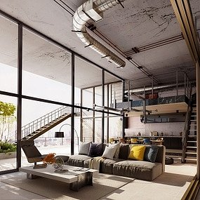 工业风LOFT客厅餐厅3D模型