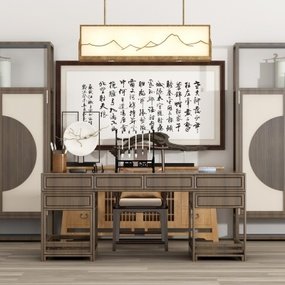中式书桌椅装饰柜组合3D模型