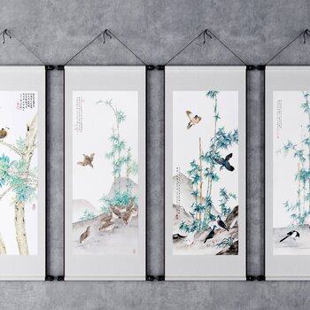 新中式竹子飞鸟装饰挂画3D模型