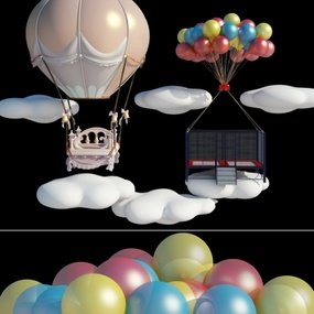 现代卡通热气球云朵3D模型