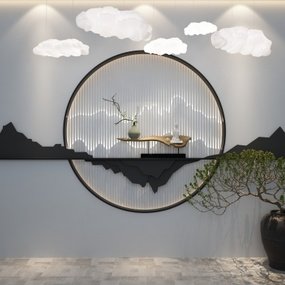 中式背景墙云朵灯盆景组合3D模型