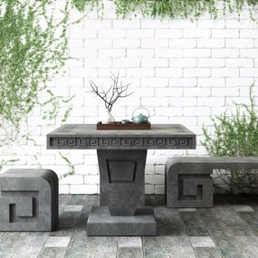 新中式石桌石凳爬墙植物组合3D模型