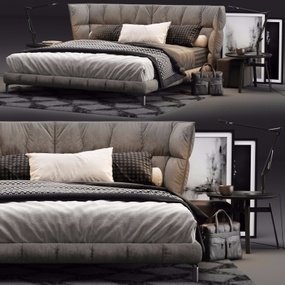 现代布艺双人床床头柜台灯组合3D模型