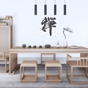 新中式实木茶桌椅组合博古架吊灯摆件3D模型
