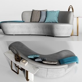 现代布艺弧形多人沙发靠枕边几组合3D模型