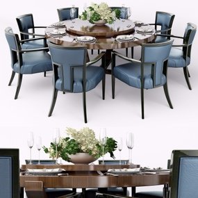 中式实木圆形餐桌椅餐具组合3D模型