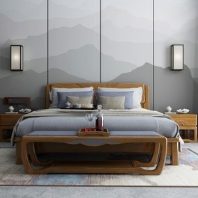 新中式实木双人床床头柜壁灯3D模型