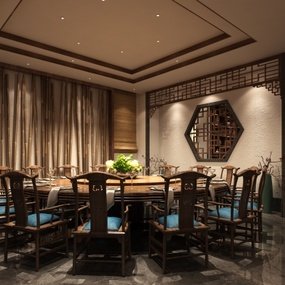 中式徽园会所餐厅包房3D模型