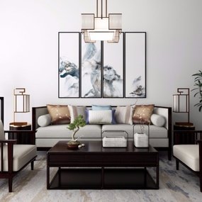 新中式布艺沙发茶几装饰画吊灯组合3D模型