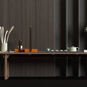 新中式实木茶桌茶具摆件组合3D模型