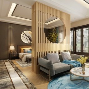 新中式度假酒店客房套间3D模型