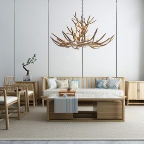 新中式实木沙发组合3D模型