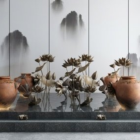 新中式陶罐莲花水景3D模型
