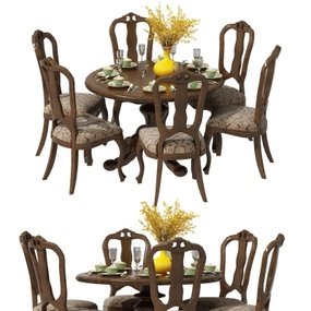 美式实木圆形六人位餐桌椅3D模型