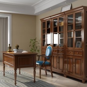 美式实木书桌椅书柜3d模型