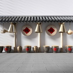 新中式走廊围墙农具挂件陶罐3d模型