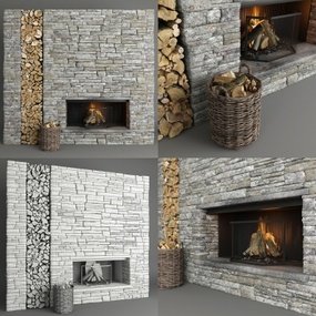 工业风石墙壁炉木材柴火组合3d模型