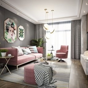 北欧粉色客厅3d模型