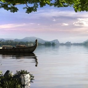 现代木船湖泊水景3d模型