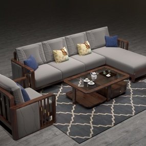 新中式实木沙发组合3d模型