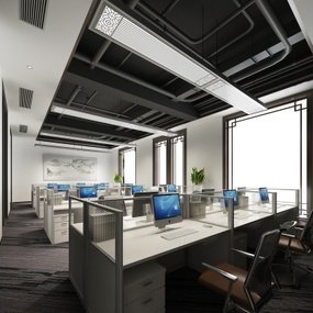 新中式敞开式办公室3d模型