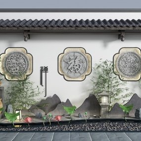 新中式园艺小品假山竹子景观3d模型