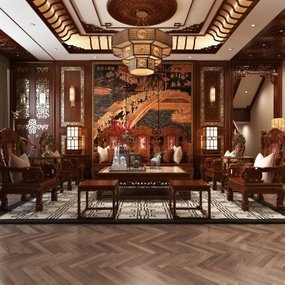 中式古典客厅餐厅3d模型