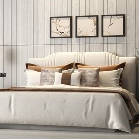 新中式轻奢布艺双人床床头柜吊灯饰品组合3d模型