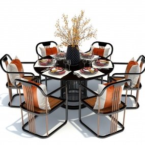 新中式圆形餐桌椅3d模型