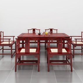 中式长形餐桌椅3d模型