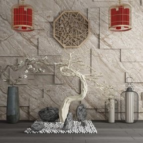 新中式石头干树园艺小品3d模型