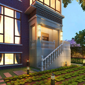 新中式别墅庭院夜景3d模型