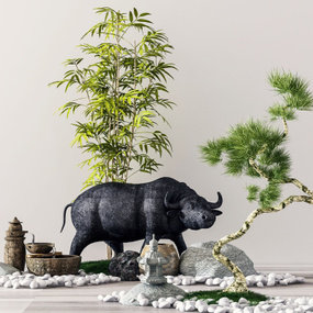 新中式绿植石头铁牛园艺小品3d模型
