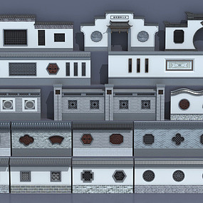 中式古建围墙景观背景墙3d模型