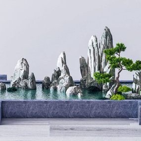 中式水景假山松树3d模型