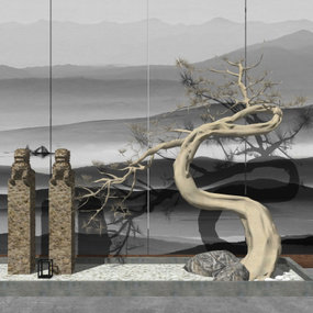 新中式枯树石桩景观小品su模型