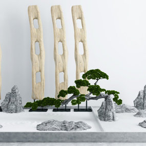 新中式庭院假山老木头3d模型